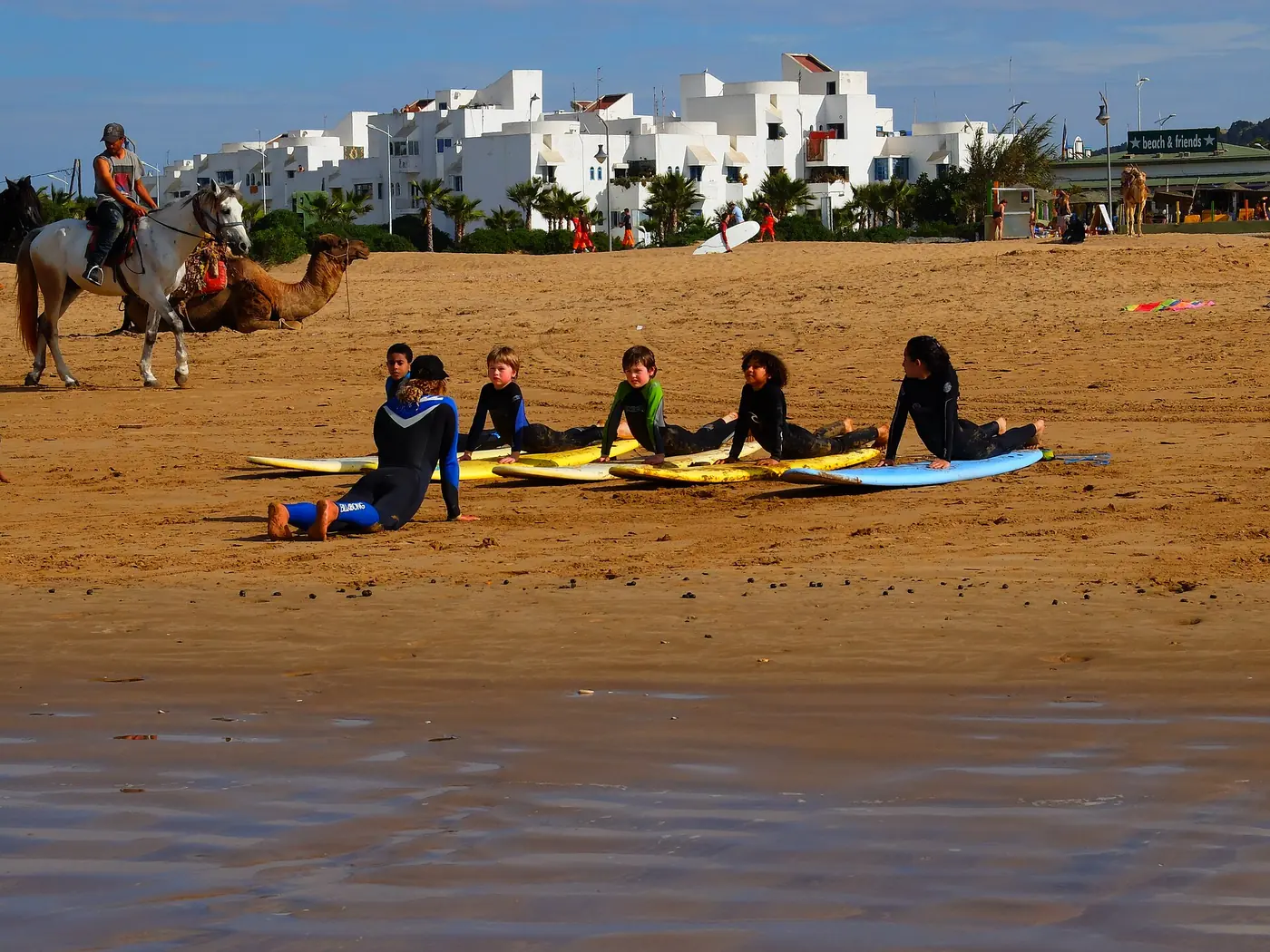 Group of beginners lying on boards on the sand during a surf lesson in Essaouira, Morocco