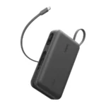 Dark grey Belkin 20K 45W power bank with its integrated USB-C cable and a carry loop