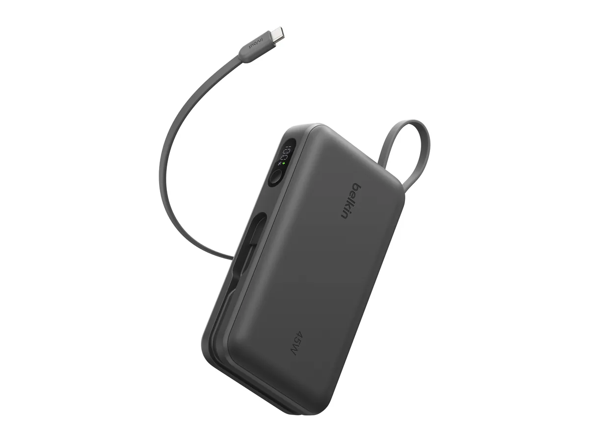 Dark grey Belkin 20K 45W power bank with its integrated USB-C cable and a carry loop