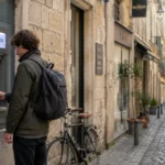 Traveler with a backpack using a cash machine on a cobbled street