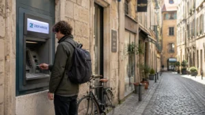 Traveler with a backpack using a cash machine on a cobbled street