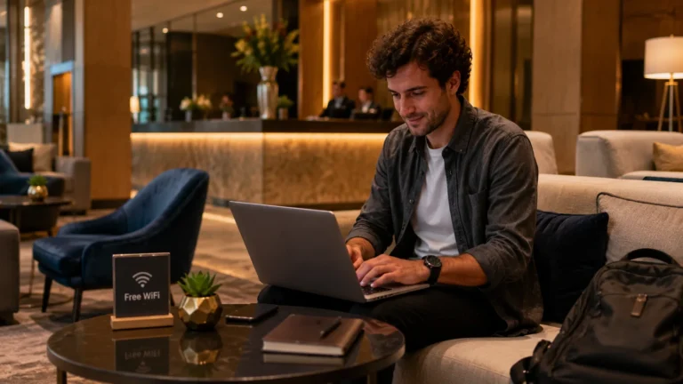 Man working on a laptop in a hotel lounge with a backpack beside him