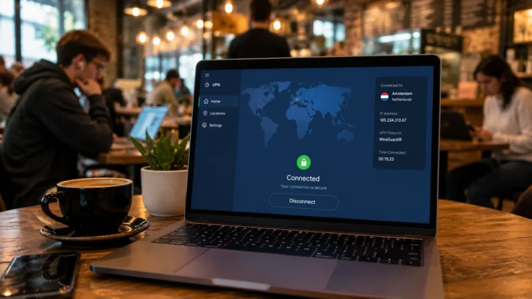 Man working on a laptop showing a VPN app connected, at a cafe table with a coffee cup