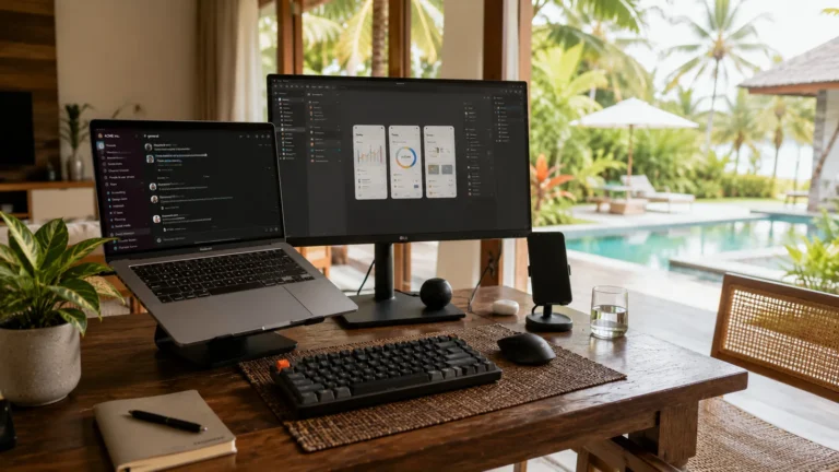 Laptop and external monitor on a wooden desk by a poolside window with palm trees outside