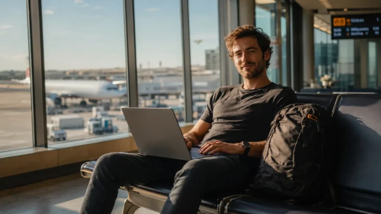 Man sitting with a laptop and a backpack in an airport lounge with planes outside the window