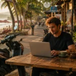 Man working on a laptop at a wooden table on a tropical beach street with a parked scooter