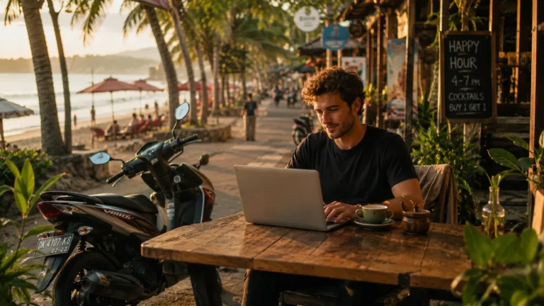 Man working on a laptop at a wooden table on a tropical beach street with a parked scooter