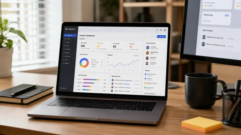 Laptop and monitor showing a dashboard with charts, next to a black mug and a notebook