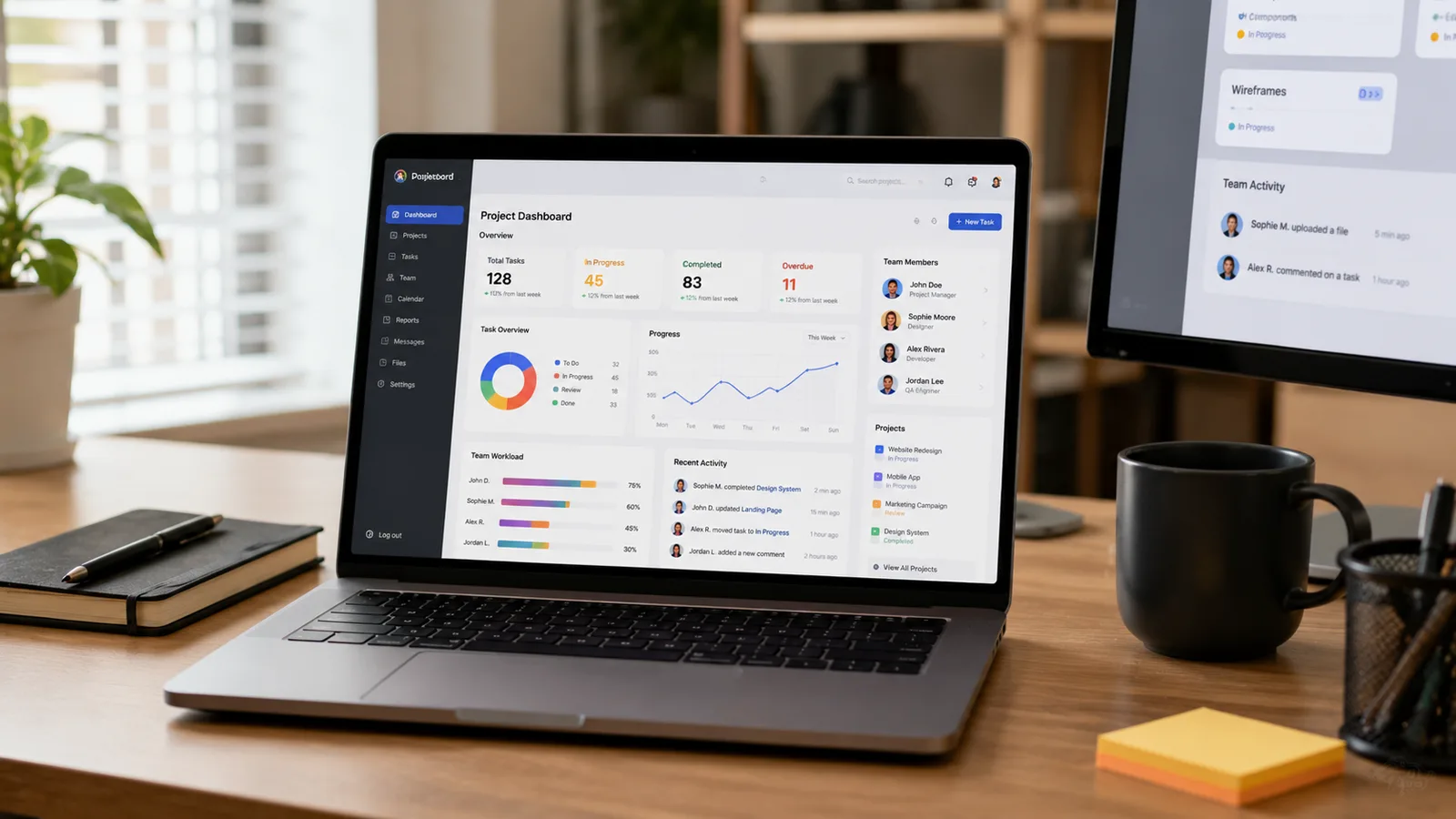 Laptop and monitor showing a dashboard with charts, next to a black mug and a notebook