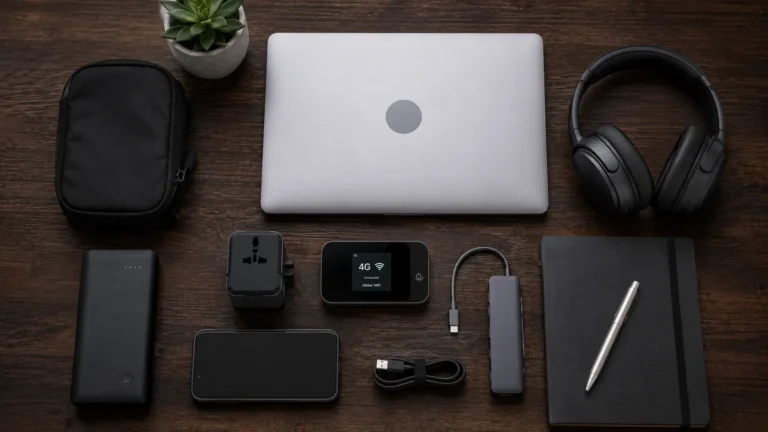 Flat lay of a laptop, headphones, phone, travel adapter, cables and a notebook on a wooden desk