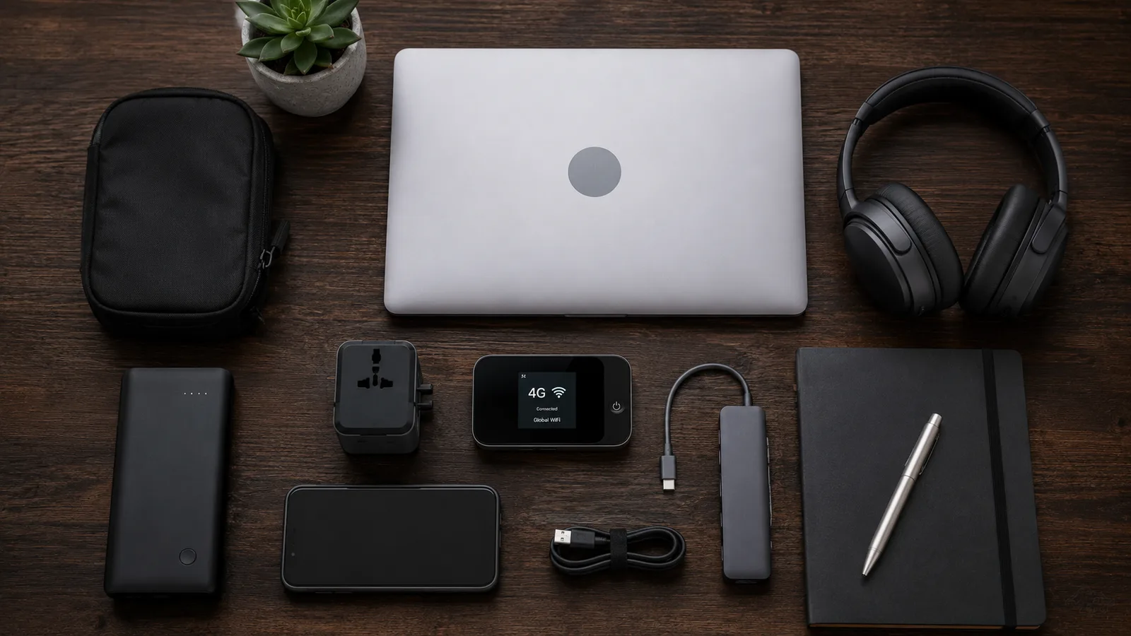 Flat lay of a laptop, headphones, phone, travel adapter, cables and a notebook on a wooden desk