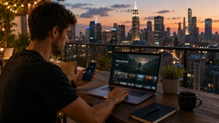 Man working on a laptop on a rooftop terrace with a city skyline at dusk