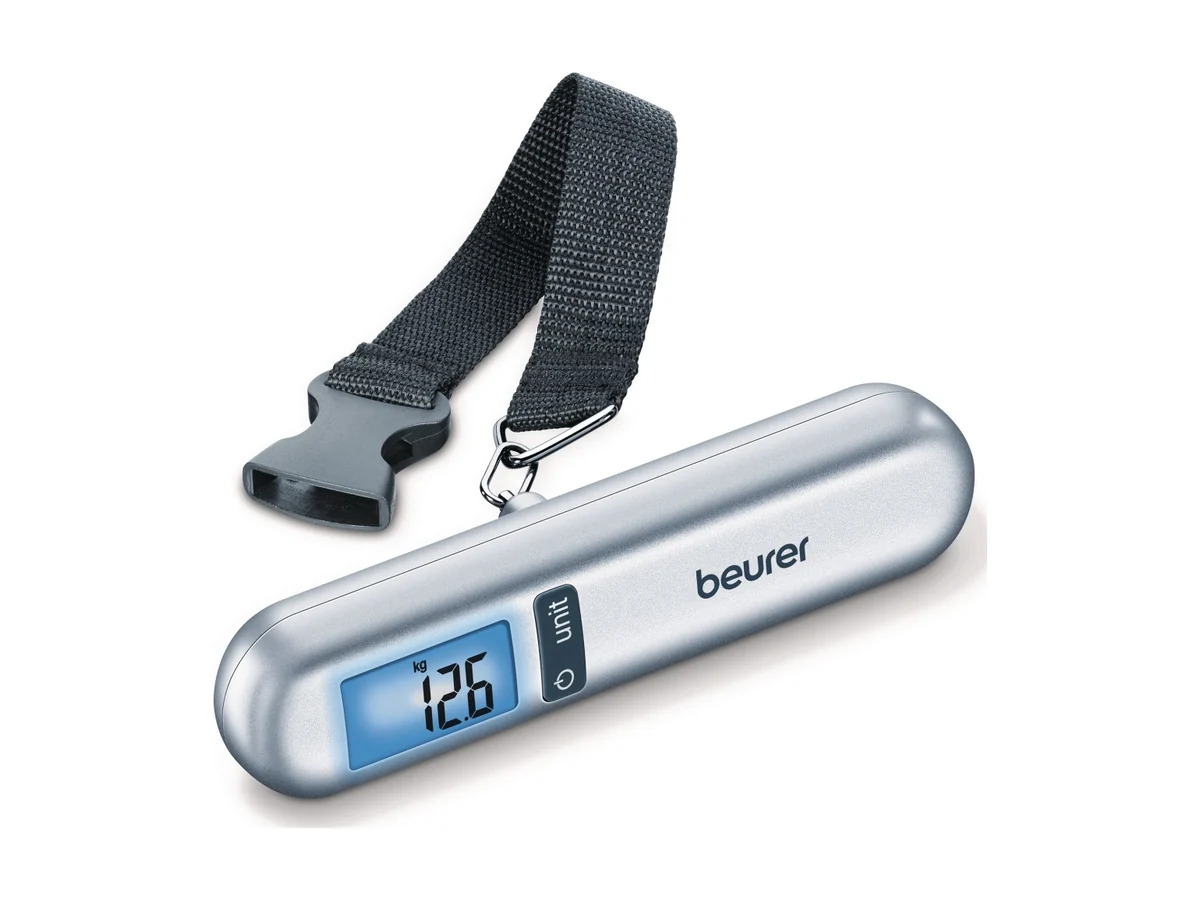 Beurer LS 06 bagageweegschaal in zilver met een grijze band en een verlicht blauw display