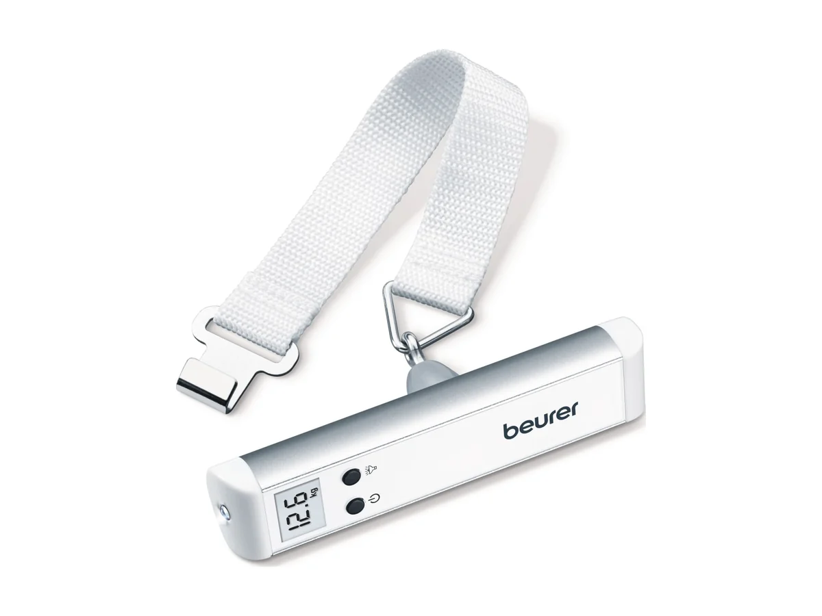 Beurer LS 10 bagageweegschaal in wit en zilver met een witte band