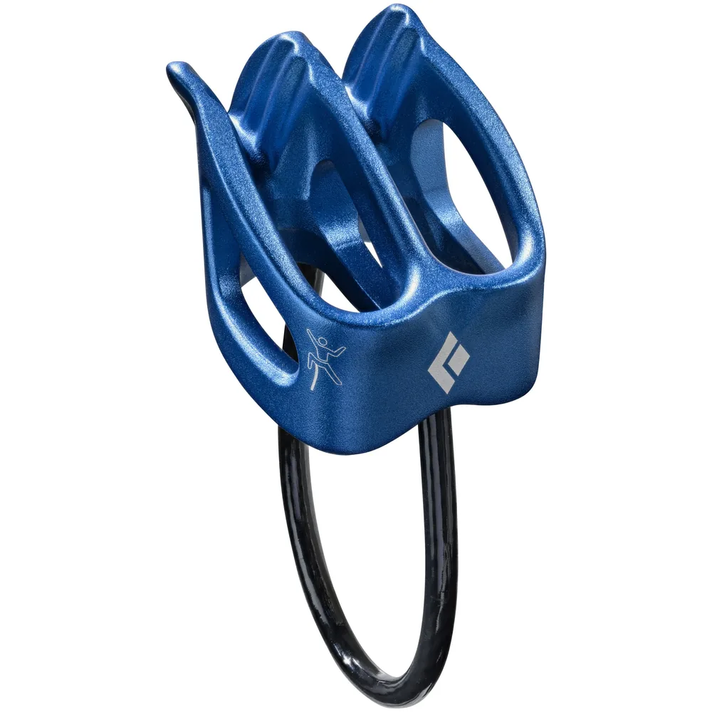 Black Diamond ATC-XP belay device in blue with a black wire loop