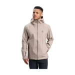 Man wearing the Black Diamond Fineline Stretch Shell in beige