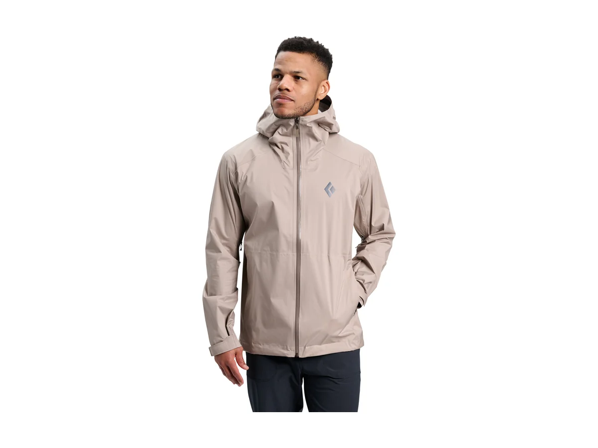 Man wearing the Black Diamond Fineline Stretch Shell in beige