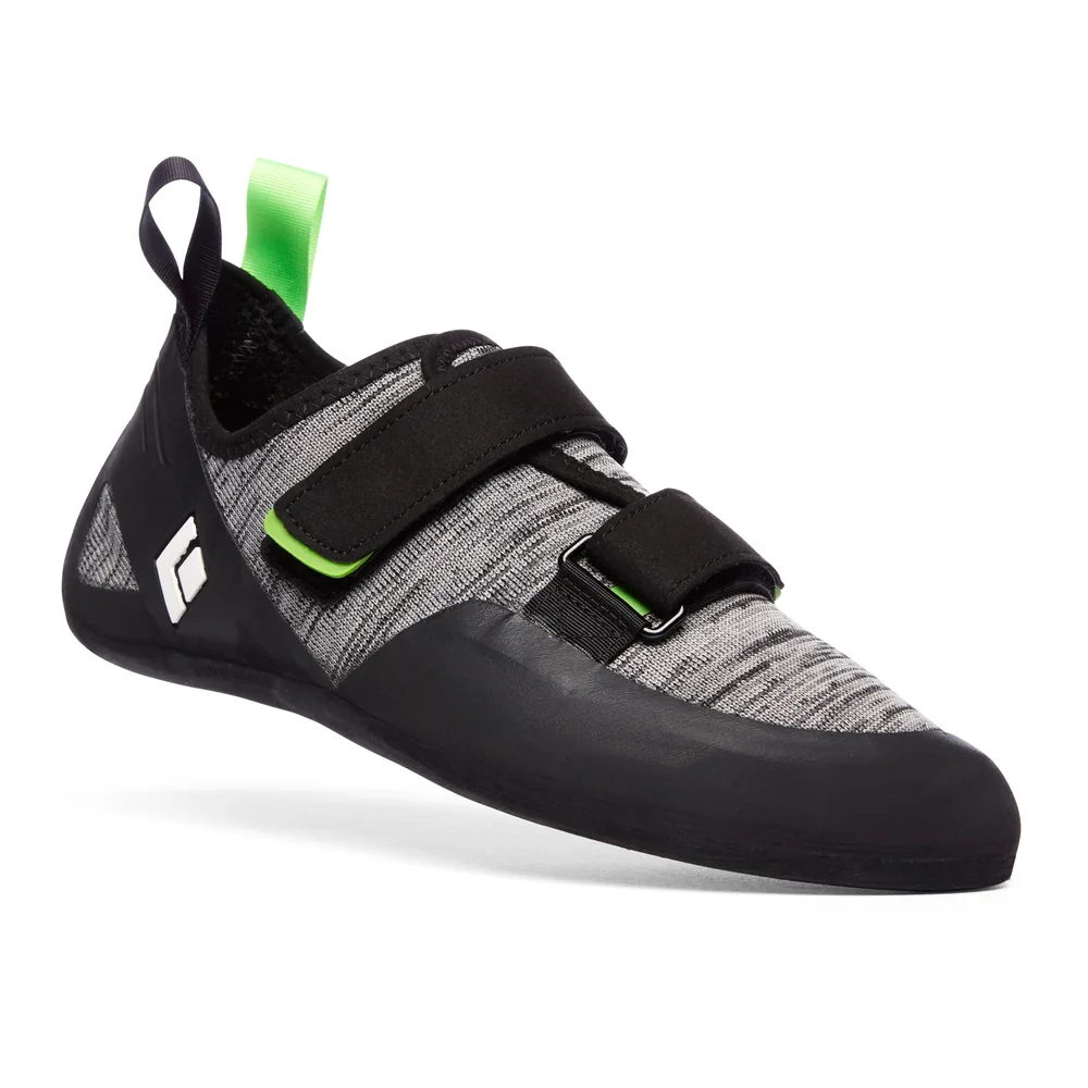 Black Diamond Momentum strap climbing shoe with grey knit upper and black rubber sole