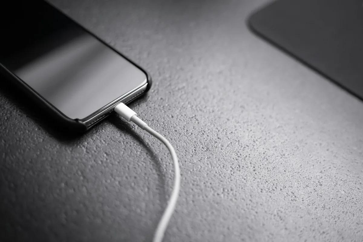 Black smartphone connected to a white charging cable on a dark surface