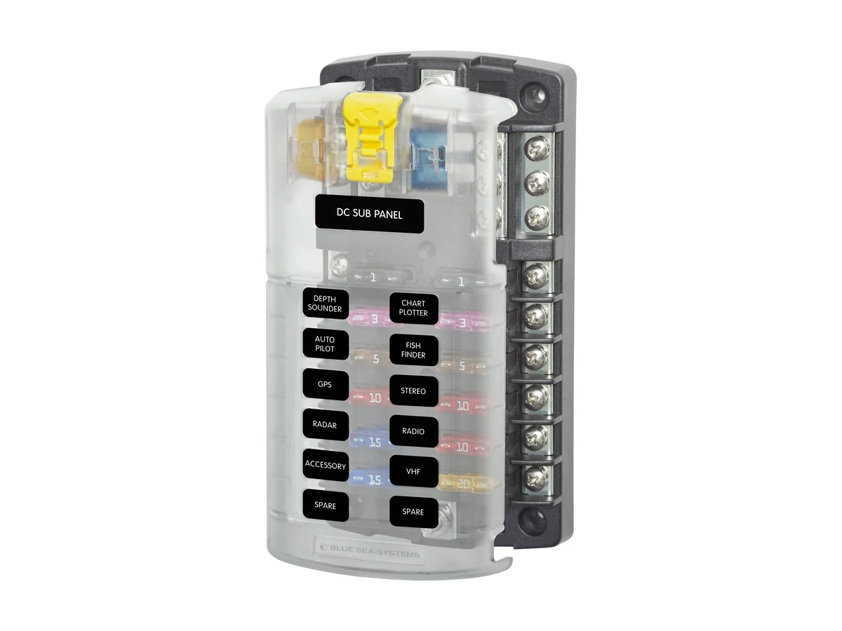 Blue Sea Systems 5026 ST Blade fuse block with 12 circuits, negative bus and cover for camper van wiring