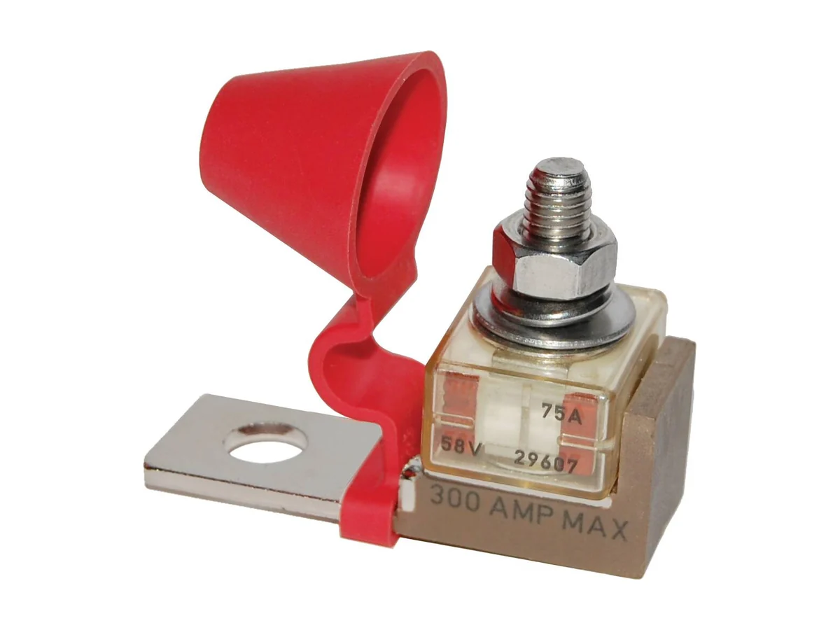 Blue Sea Systems 5191 MRBF terminal fuse block with red cover and a main fuse