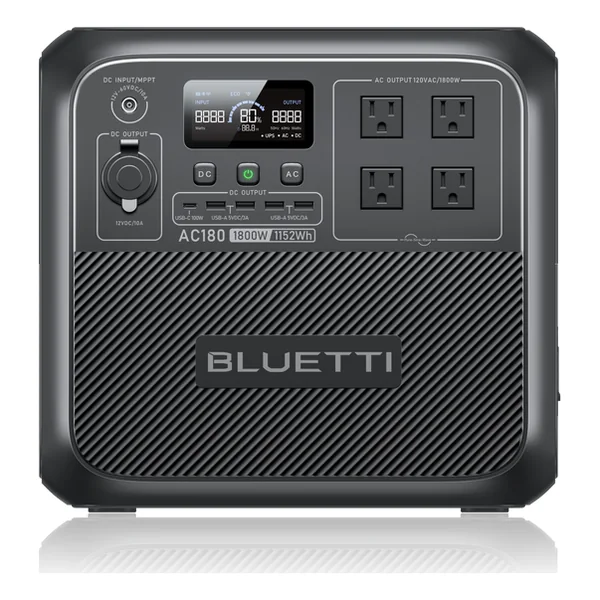 Estación de energía portátil BLUETTI AC180 en negro, con pantalla, puertos CC y cuatro tomas de CA
