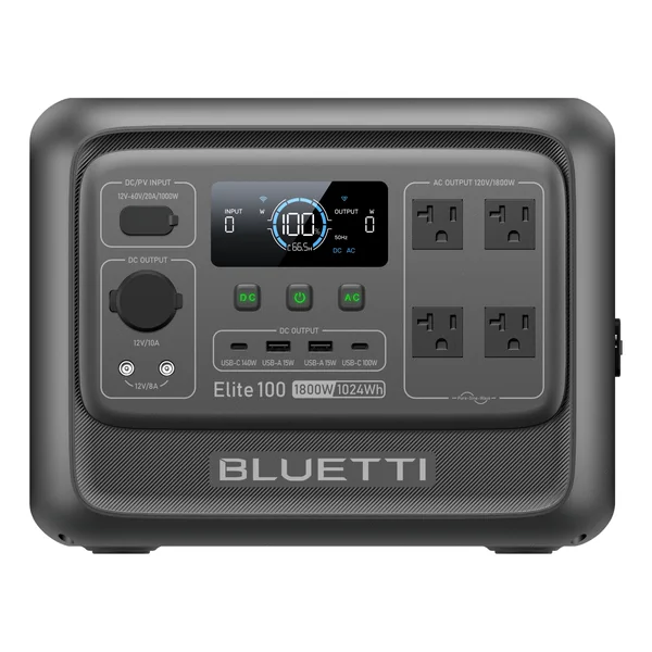 Estación de energía portátil BLUETTI Elite 100 V2 en gris, con pantalla, puertos USB y cuatro tomas de CA