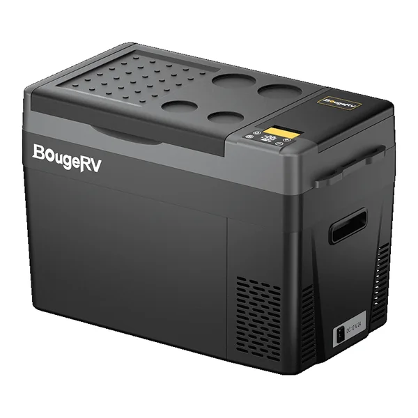 Black and grey BougeRV CRPRO30 12V portable fridge with a cup-holder lid, a side handle and a control panel
