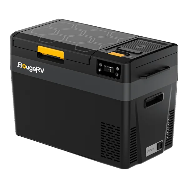 Black BougeRV CRX3 30QT 12V portable fridge with a yellow lid handle, a touch control panel and a battery compartment in the lid