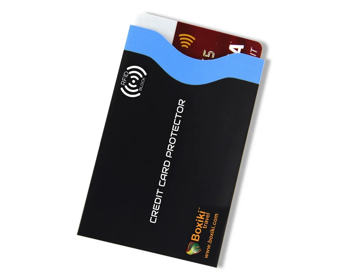 Boxiki Travel RFID-blocking credit card sleeve with a card inside