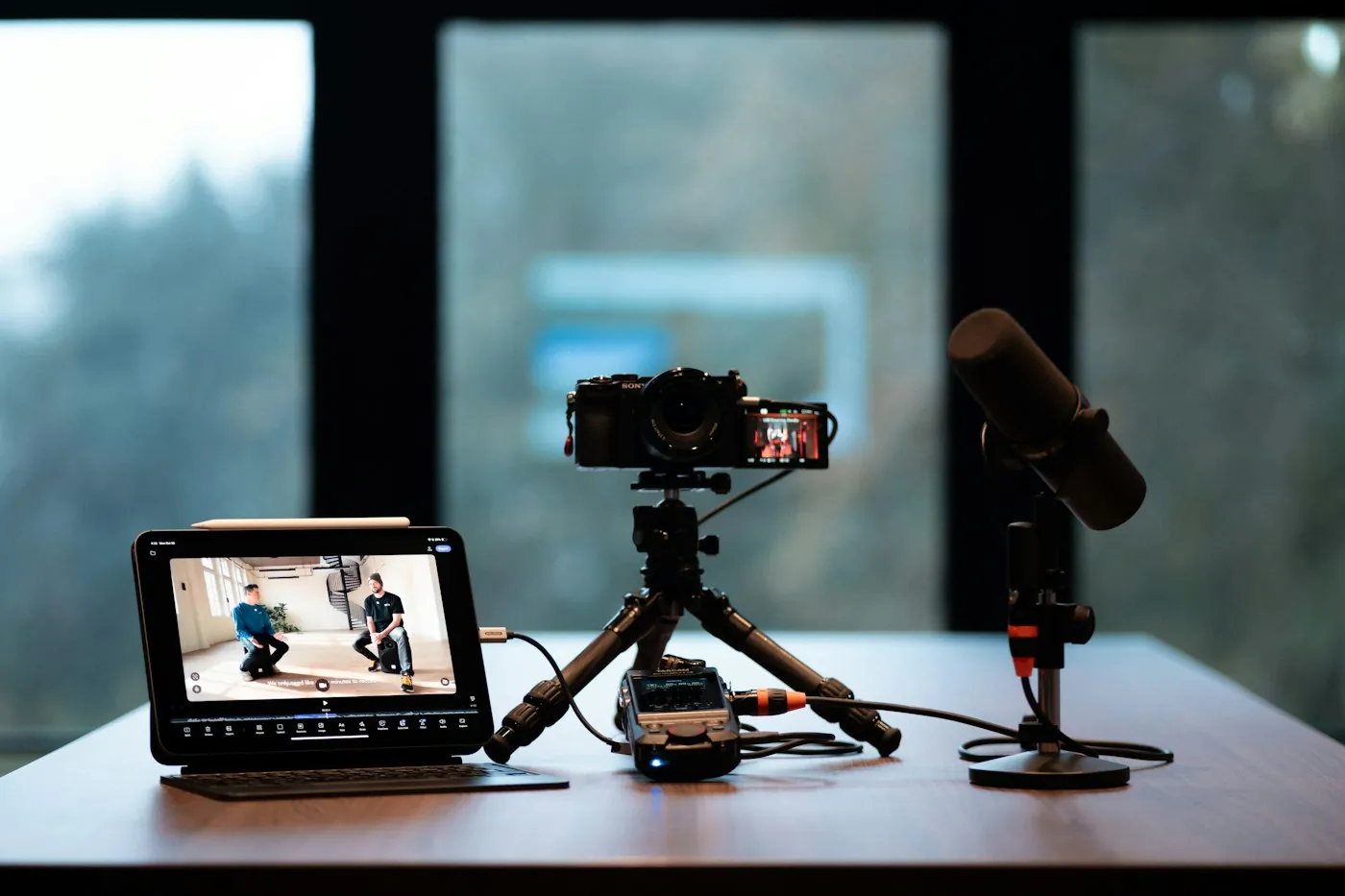 Camera on a small tripod with a monitor and a microphone on a desk, a set-up for recording video with clean audio