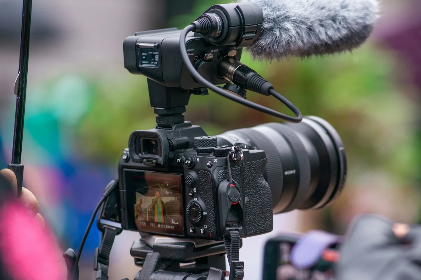 A mirrorless camera on a tripod with a furry shotgun microphone on top, filming outdoors