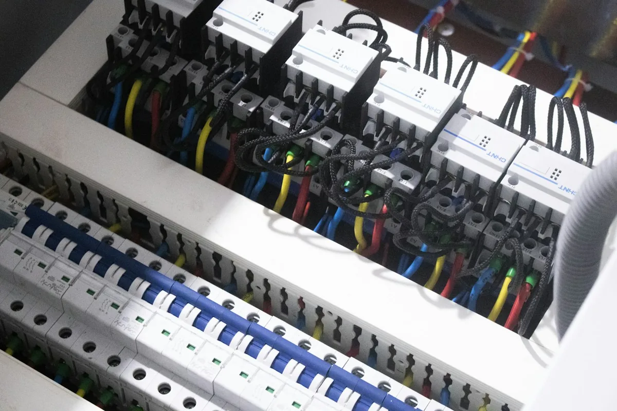 Close-up of an open fuse panel with colored wires connected to circuit breakers and a blue terminal rail