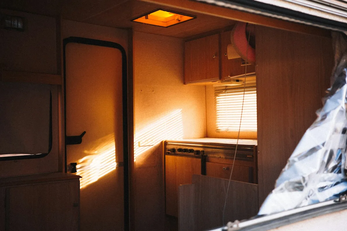 Camper van interior with sunlight through the window