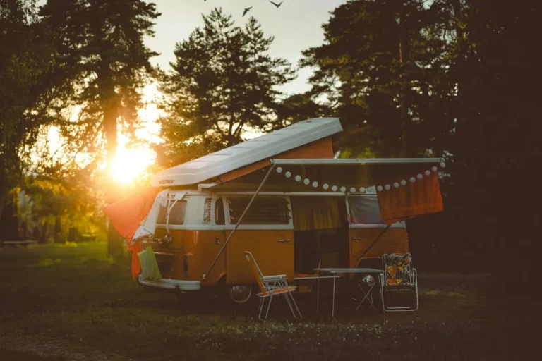 Orange camper van parked at a forest campsite at sunset