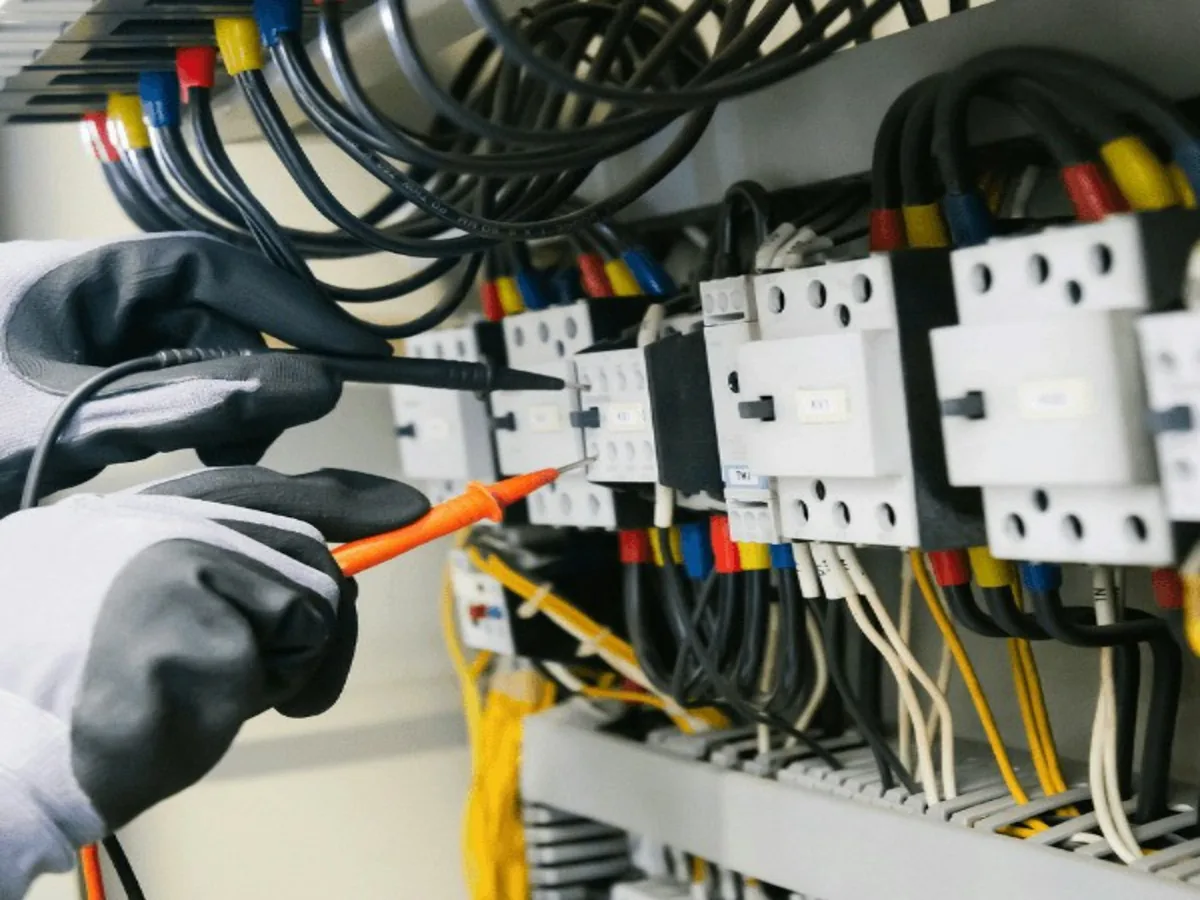 Manos con guantes sosteniendo las puntas de un multímetro contra los terminales de un panel eléctrico
