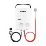 Camplux AY132 portable propane water heater in white with a handle, hose and gas regulator
