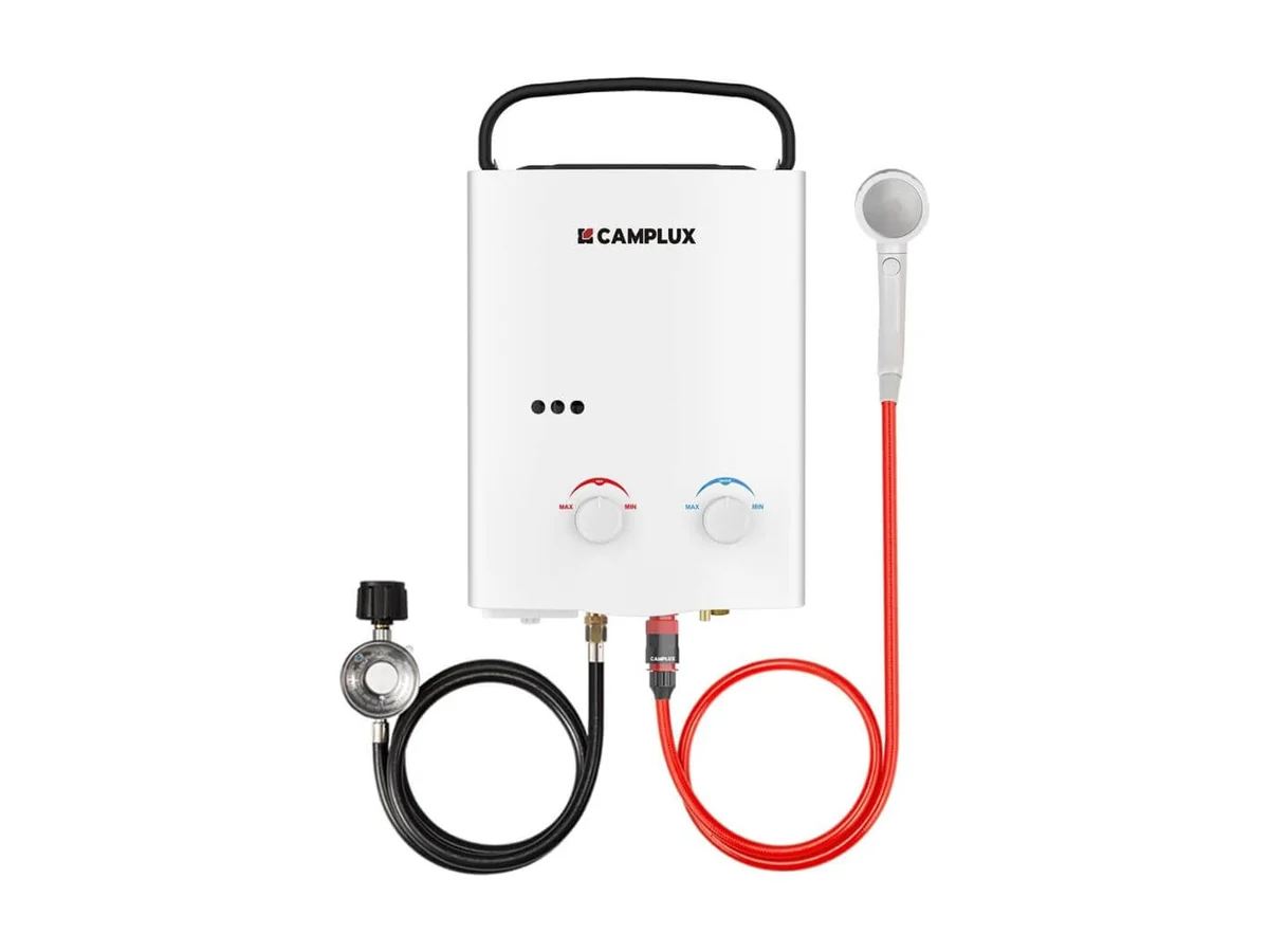 Camplux AY132 portable propane water heater in white with a handle, hose and gas regulator