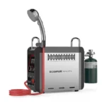 Camplux Nano 3 Pro water heater with a shower head, pump hose and a small gas canister
