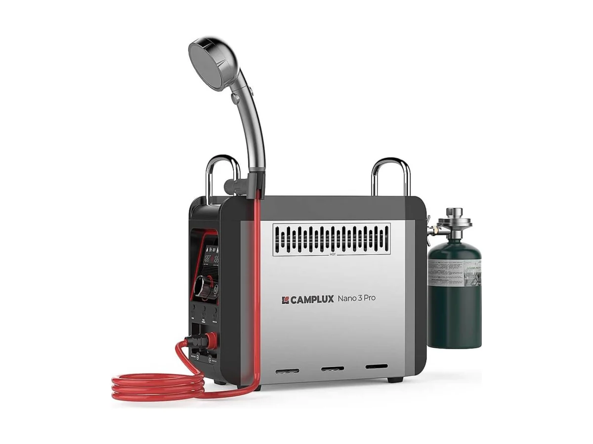 Camplux Nano 3 Pro water heater with a shower head, pump hose and a small gas canister