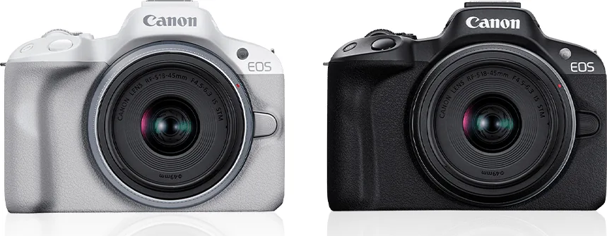 Canon EOS R50 mirrorless camera in white and black, front view with RF-S 18-45mm lens