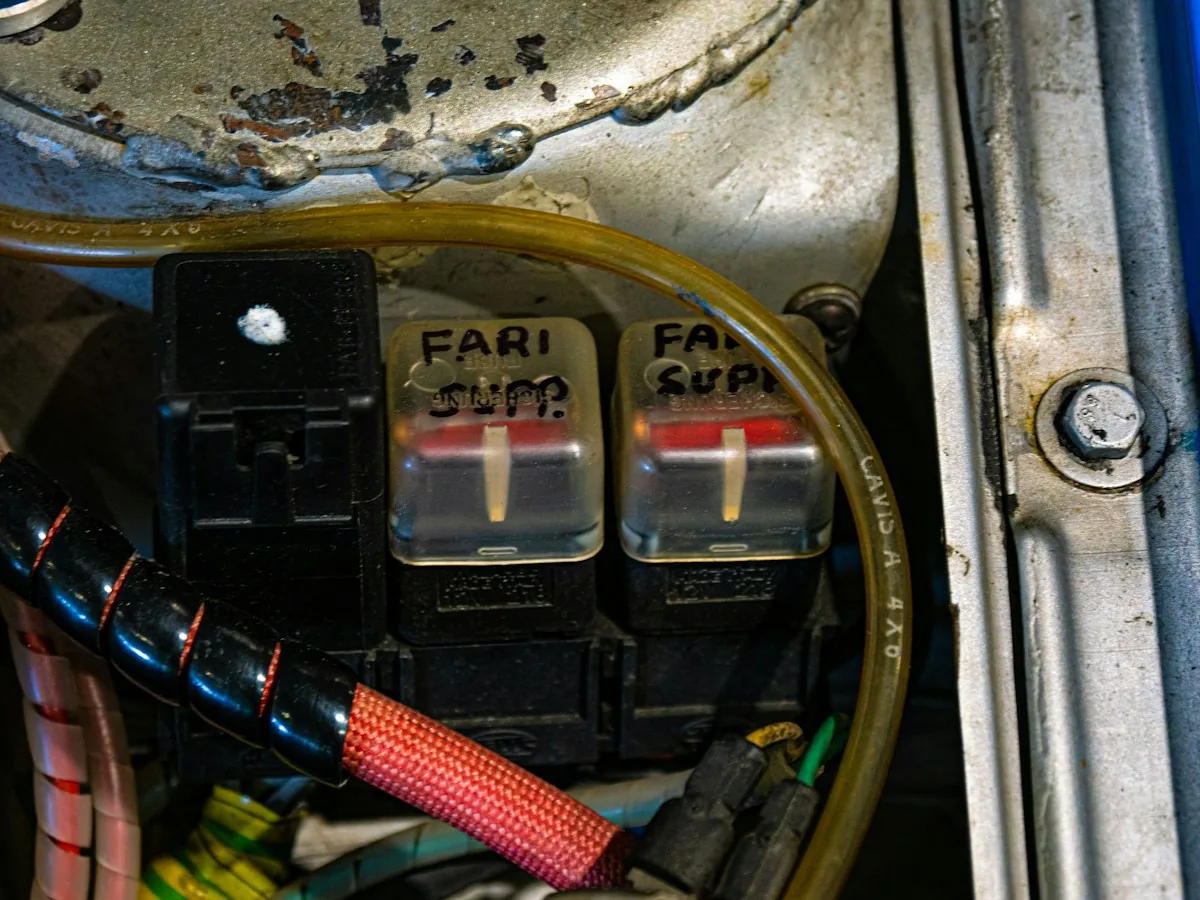 Close-up of labeled car fuses and relays with black and red wire sleeves