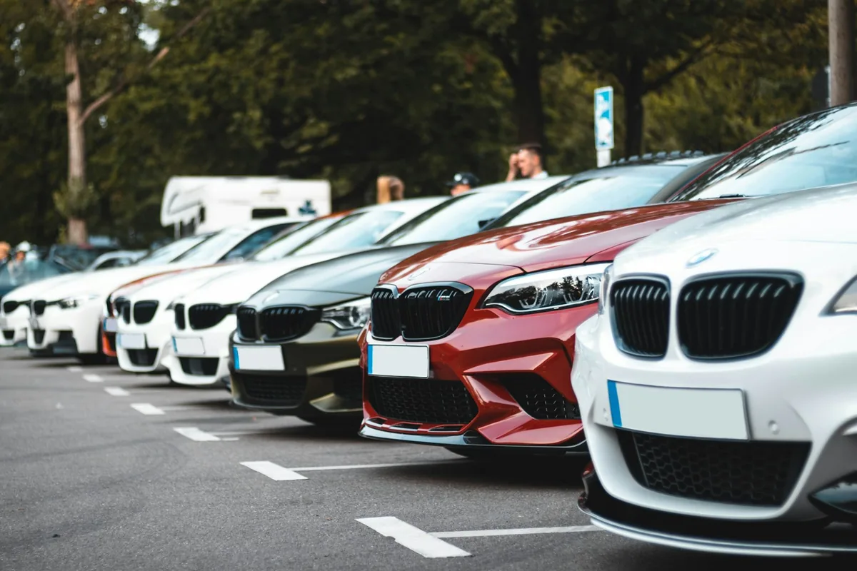 Row of parked cars in a lot under trees, rental car and licence in Spain