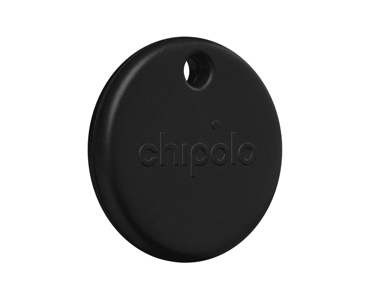Black Chipolo POP tracker tag with a keyring hole