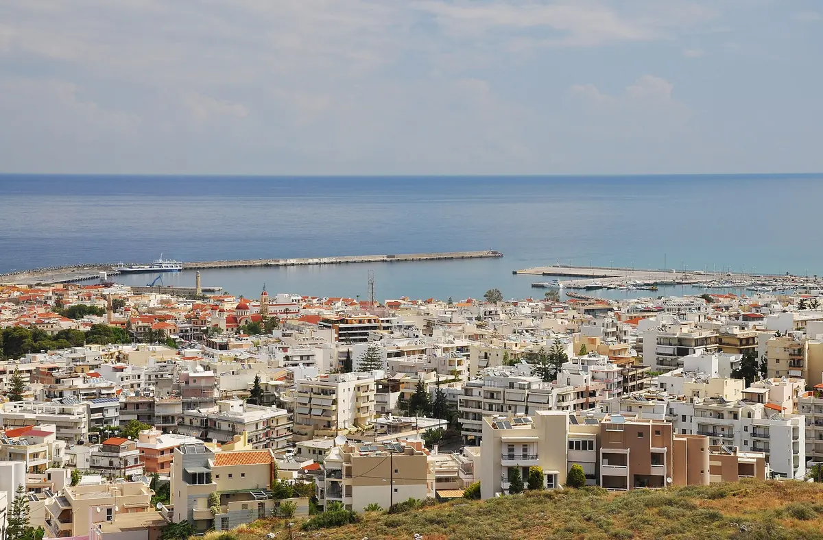 View over the white houses and the harbour of Rethymno on Crete