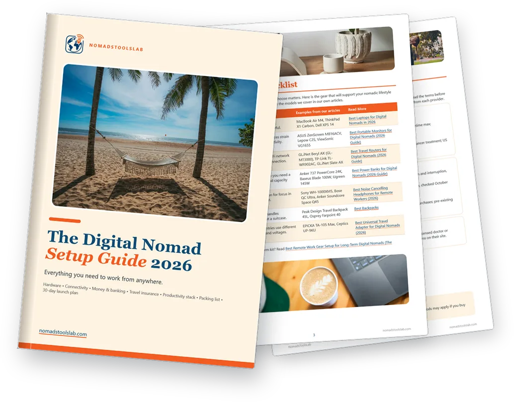 The free Digital Nomad Setup Guide 2026: cover and two inside pages