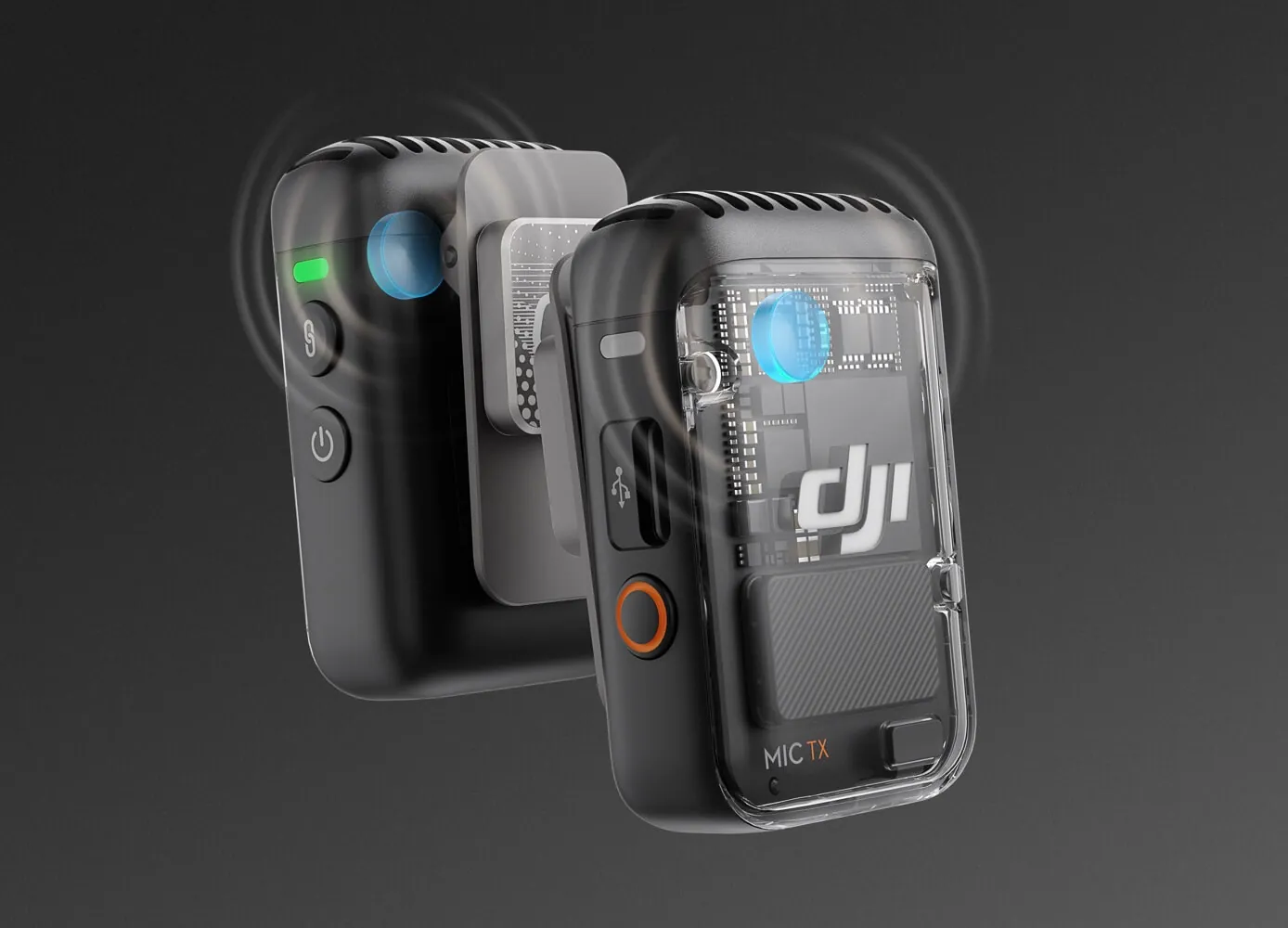 DJI Mic 2 transmitter with its magnetic clip shown in a transparent render