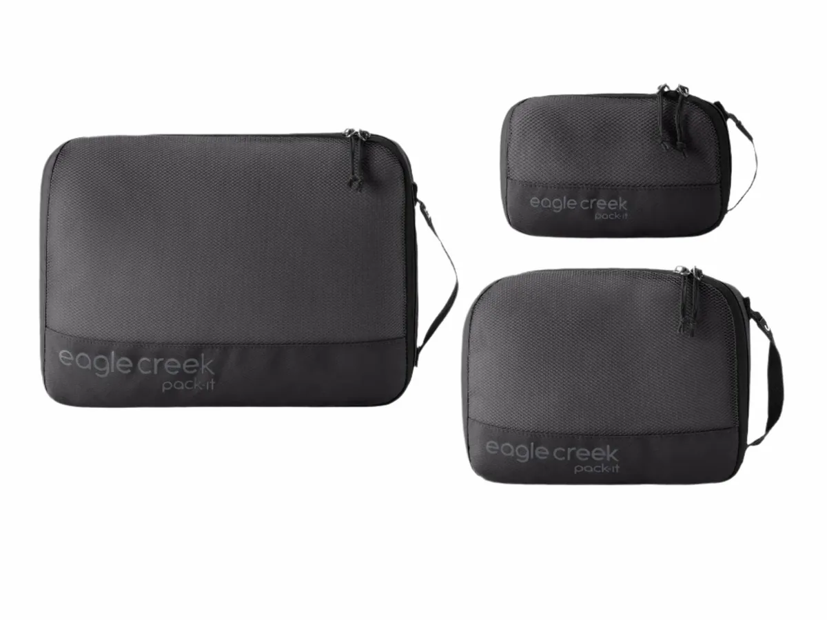 Eagle Creek Pack-It Reveal Cube-Set in Schwarz, drei Packing Cubes mit Mesh-Oberseite in XS, S und M