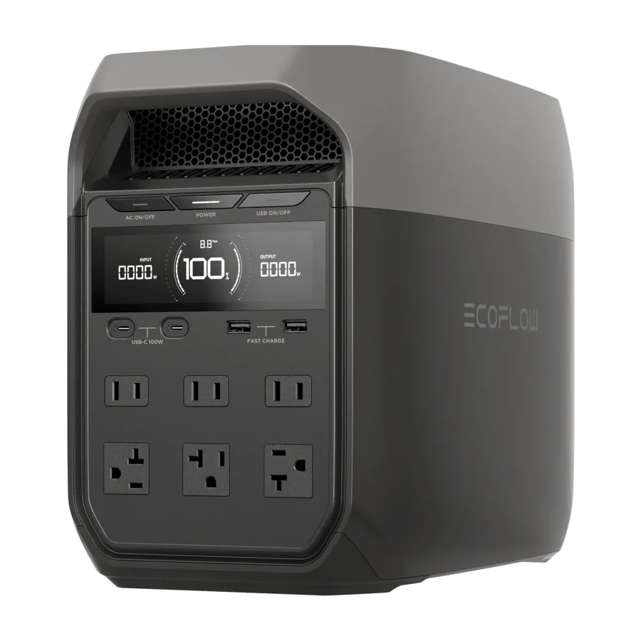 Estación de energía portátil EcoFlow Delta 3 de color gris oscuro vista en ángulo, con pantalla, puertos USB y seis tomas de corriente en la parte frontal