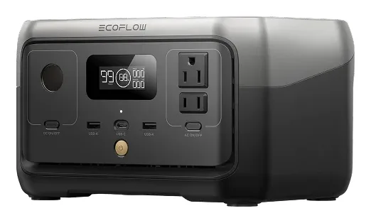 EcoFlow River 2 portable power station, black and grey, with display, AC outlets and USB ports on the front